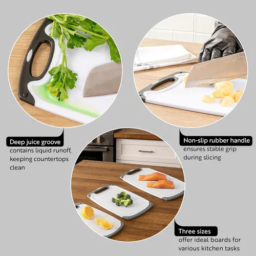 Vista 3 de Restaurantware Juego de tablas de cortar de 3 piezas, 1 juego de tablas de cortar de cocina, plástico blanco y negro, lavavajillas, reversible