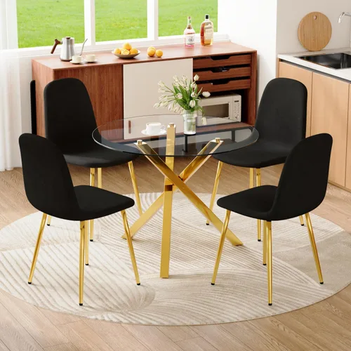 Juego de mesa de comedor redonda para 4, juego de mesa de comedor de vidrio de 39 pulgadas con base de metal ajustable dorada en forma de X y 4 Mesa