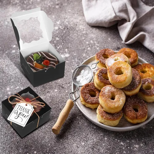 Vista 2 de KPOSIYA 10 cajas de panadería negras con ventana, cajas individuales para cupcakes de 4 x 4 x 2.5 pulgadas, cajas de galletas de papel kraft caja