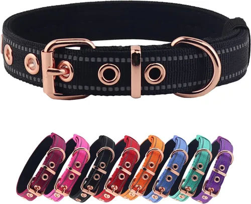 Collar de Perro de Neopreno Acolchado, Collar de Nylon para Perros Pequeños a Grandes, Resistente con Hebilla de Metal, Reflectante (Pequeño, Negro)