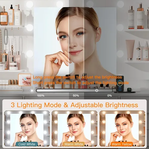 Vista 4 de Quimoo Tocador Grande con Espejo Iluminado LED y Toma de Corriente, Mesa de Tocador de Maquillaje con 7 Cajones, 4 Estantes y 5 Ganchos, Mesa