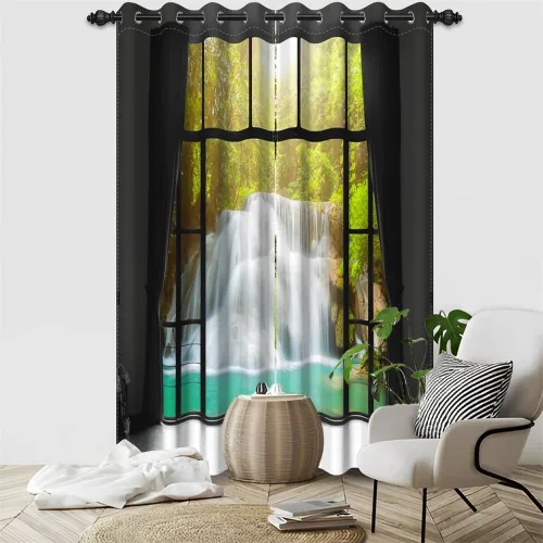 Vista 54 de Cortinas opacas para ventana con vista de cascada, día soleado, amanecer, primavera, paisaje natural, cortinas de ventana con aislamiento térmico