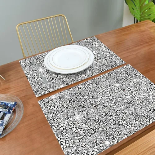 Vista 2 de Juego de 1 mantel individual cuadrado plateado resistente al calor, salvamanteles plateados con diamantes de imitación, decoración de diamantes