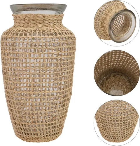 Vista 9 de Cabilock Jarrón de vidrio tejido estilo nórdico de 8.5 pulgadas de hierba marina hidropónica para plantas, jarrón decorativo de mimbre natural