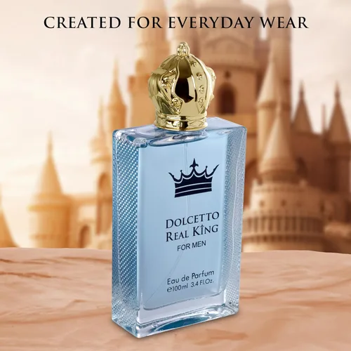 Vista 3 de Dolcetto Real King Eau De Parfum para hombre, fragancia amaderada y aromática, notas cítricas y esencia de pimiento con base masculina, mezcla
