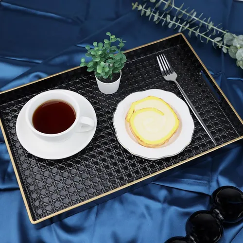Vista 6 de Bandeja decorativa negra para mesa de café, bandeja rectangular de plástico con asas para sala de estar, otomana, baño, 15.7 x 10.2 pulgadas
