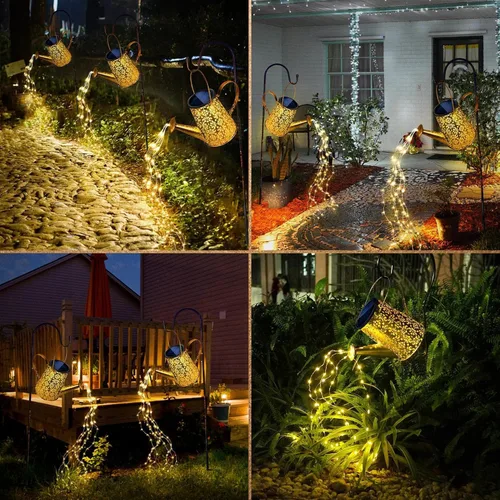 Vista 6 de Anordsem Luces solares decorativas para jardín, regadera de metal con cascada y gancho, linterna colgante impermeable para exteriores, decoración