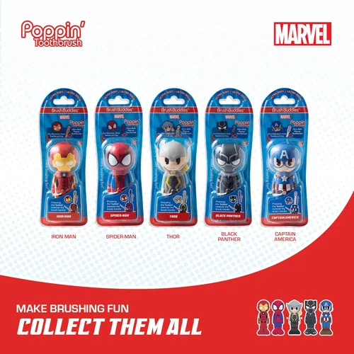 Vista 3 de Brush Buddies Marvel Iron Man - Cepillo de dientes para niños, cerdas redondeadas suaves, cubierta para cepillo de dientes Poppin' Fun Superhero