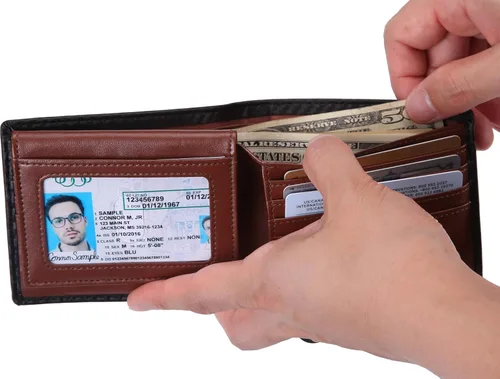 Vista 5 de NUMBER.WU 2 ID Window Wallets for Men RFID Blocking Men's Bifold Carbon Fiber Genuine Leather Trifold Wallet for Mens (Brown - Carbon Fiber)