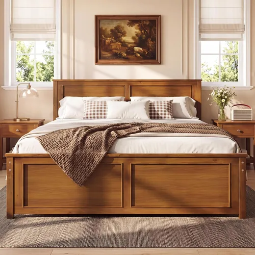 Vista 16 de GIANTEX Marco de cama de madera de tamaño individual con cabecero, soporte Nogal