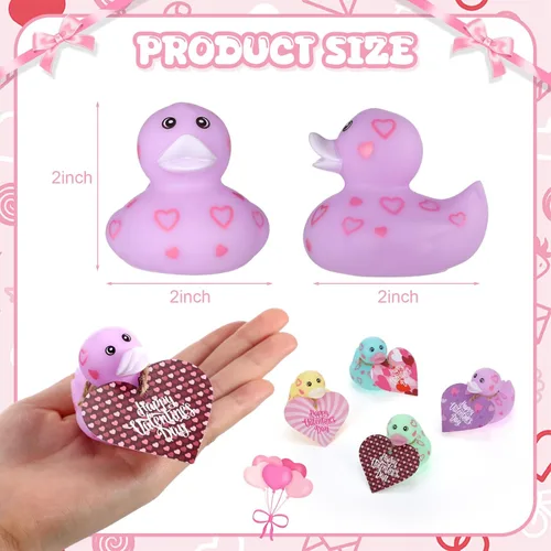 Vista 2 de Jerify 12 patos de goma de San Valentín de 2 pulgadas a granel con tarjetas de regalo, mini patos de goma con corazón, juguetes de baño, regalo
