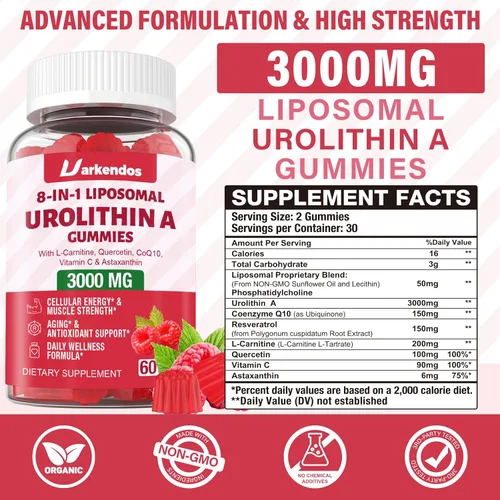 Vista 2 de 2 Pack 3000mg Liposome Urolitin A Gummies, 8 in 1 Recipe,Contains Coq10, Resveratrol, L-carnitine, Quercetin, VC, Axanthin, Supplement for Cell