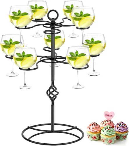 QPIX DIGITAL Estante para copas de vino de 2 niveles y 10 soportes para copas de vino, soporte de torre de champán negro, soporte de mesa para