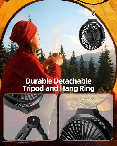 Vista 5 de Ventilador de cochecito portátil recargable USB personal con clip, rotación de 360 °, 3 velocidades, trípode flexible desmontable pequeño, mini Negro