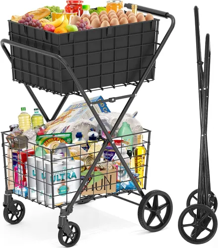 【2025𝐍𝐄𝐖】Carrito de compras plegable extra grande de 2 niveles con ruedas, carrito de compras de 400 libras para víveres con 2 cestas extraíbles,