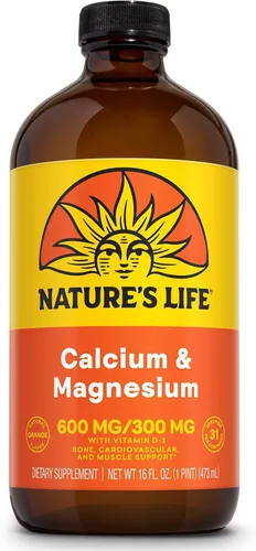 NATURE'S LIFE Suplemento líquido de calcio y magnesio con vitamina D 3 – Salud ósea, músculo, salud cardíaca y apoyo inmunológico – Sabor a naranja