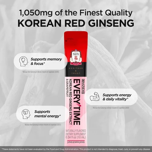 Vista 6 de JUNG KWAN JANG Everytime - Extracto de ginseng rojo coreano en barra de 1,000 mg y pomelo – Bebida energética vegana con raíz de ginseng suplementos