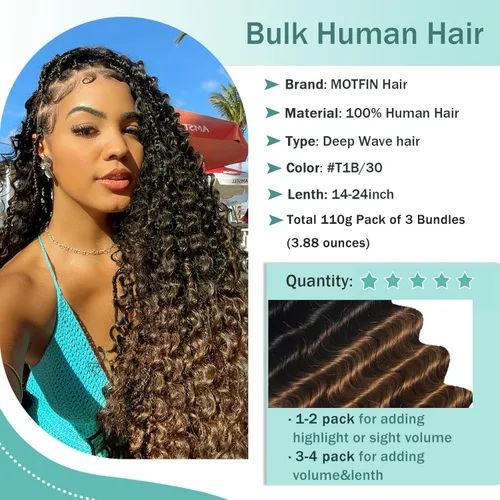 Vista 61 de Cabello Humano para Trenzar para Trenzas Boho 3 Paquetes/Pack 110g (3.88 oz) 14 Pulgadas Cabello Humano a Granel Ondulado Profundo para Trenzar