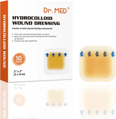 Dr. Med Apósito Hidrocoloide para Heridas de 2"x2" - Paquete de 10/Caja, Vendaje Adhesivo Impermeable con Bordes, para Exudado Ligero, Abrasiones,