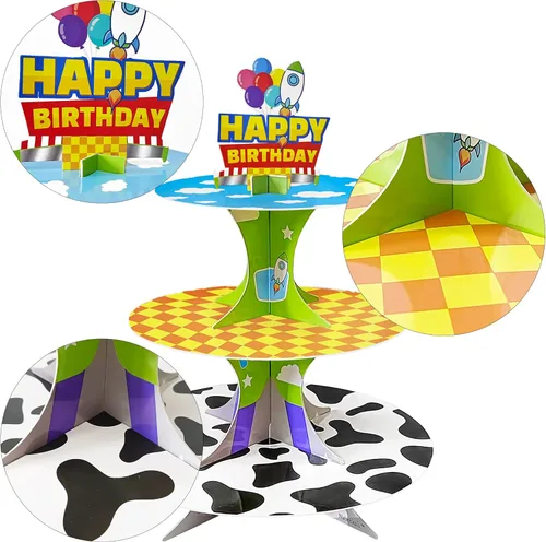Vista 8 de Soporte para cupcakes de 3 niveles de historieta de dibujos animados, soporte de torre de postres para decoración de cumpleaños, suministros