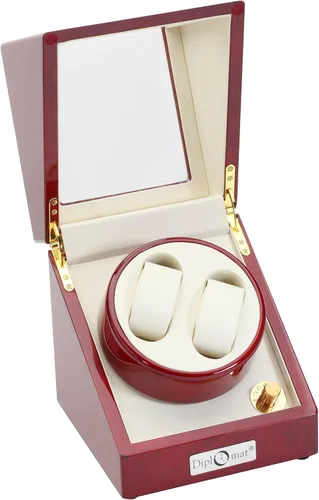 Vista 2 de Diplomat Bobinadora de reloj doble de madera de cerezo con interior de cuero blanco roto, Cereza, Japonés