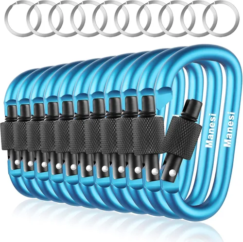 Vista 17 de Clips de mosquetón con puerta de tornillo, paquete de 10 mosquetones de aluminio de 3 pulgadas en forma de D, clip para llavero, hebilla de gancho