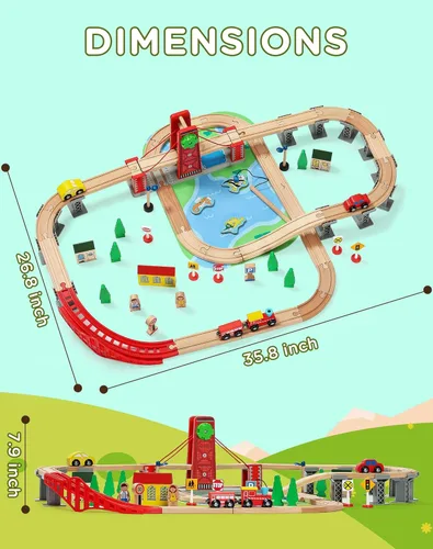 Vista 6 de SainSmart Jr. Juego de tren de madera para niños pequeños, pista de tren de madera de doble cara con 4 trenes compatible con Brio, Thomas, Melissa
