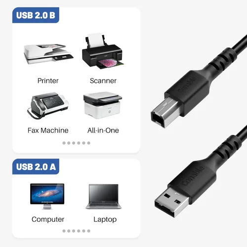 Vista 2 de Cable de impresora de 2 pies, USB 2.0 USB-A a USB-B, compatible con HP, Canon, Epson, DAC, Dell, Brother, Brother, Lexmark, Xerox, Samsung, Piano