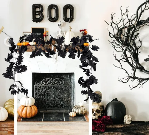 Vista 6 de RECUTMS Guirnalda de hojas negras, 2 unidades, 5.7 pies, Halloween, otoño, artificial, colgante, decoración de vid de otoño, arce para el hogar