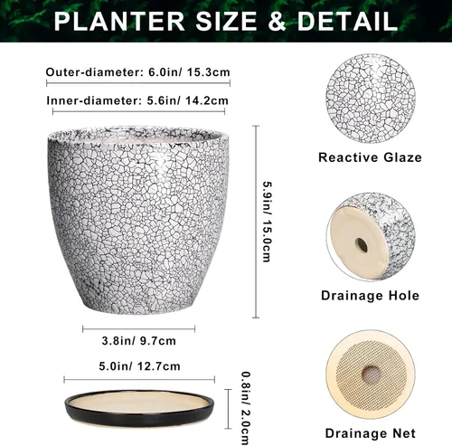 Vista 2 de Macetas de Cerámica EPFamily - Macetas de 6 Pulgadas para Plantas de Interior y Exterior, Maceta Redonda con Agujero de Drenaje y Platillo, Macetas