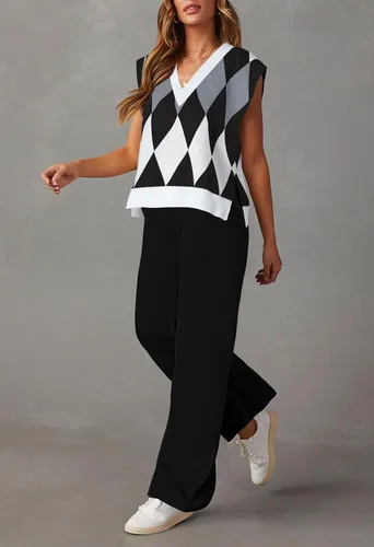 Vista 2 de Viottiset Conjunto de 2 piezas para mujer, suéter con chaleco y cuello en V, sin mangas, pantalones de pierna ancha