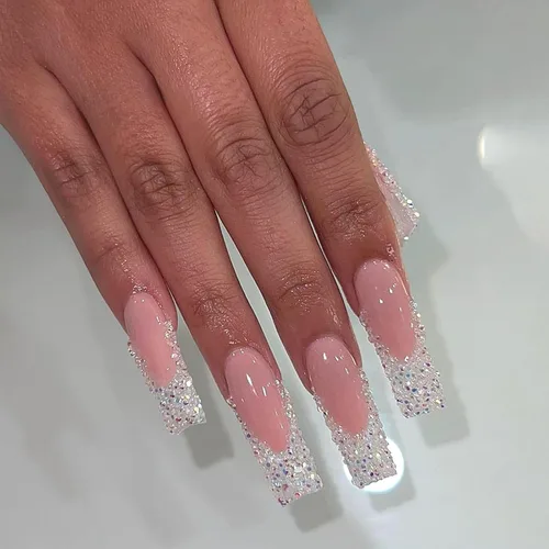 Vista 20 de Uñas postizas a presión con punta francesa, cuadradas, largas, medianas, con lazo 3D, diseños de línea de copo de nieve, uñas de invierno, uñas a