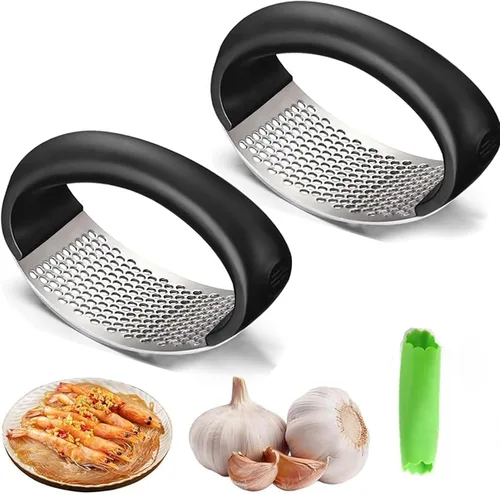 2026 Nuevo balancín de prensa de ajo de acero inoxidable, manual portátil, trituradora con tambor de pelado de ajo para utensilios de cocina en el