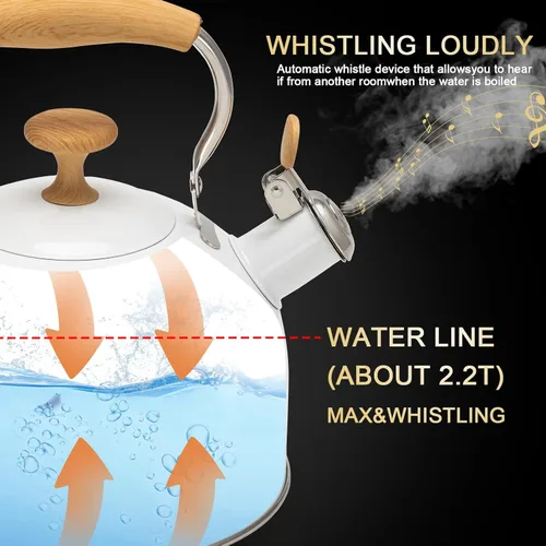 Vista 5 de Hervidor de té, hervidor de té silbante de acero inoxidable 304, 2.5 cuartos de galón/2.4 L para estufa de inducción y estufa de gas con mango