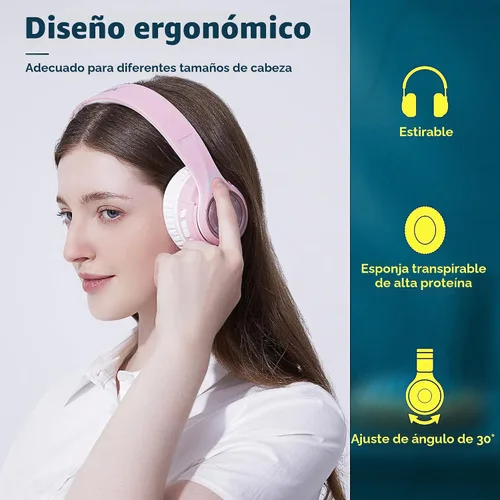 Vista 4 de Riwbox TX8 - Auriculares Bluetooth para colocar sobre la oreja, estéreo de alta fidelidad, con control táctil y micrófono, orejeras suaves Rosa