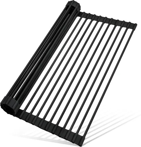 MERRYBOX Escurridor de platos enrollable sobre el fregadero envuelto en silicona, plegable, resistente al calor, antideslizante, escurridor negro