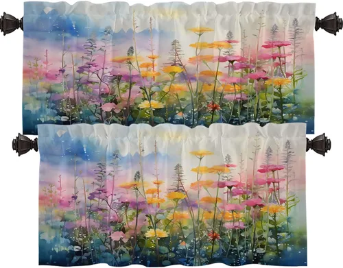 Vista 29 de Shrahala Floral Abstract Design Tier Curtains for Kitchen Windows, Minimalist Flower Illustration Window Curtain Panels Multilayer Polyester