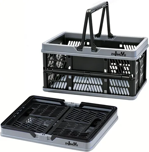 Vista 3 de Small Plastic Baskets Black,Pack-2 Plastic baskets for organizing,collapsible shopping basket,foldable crate with Handles,collapsible storage