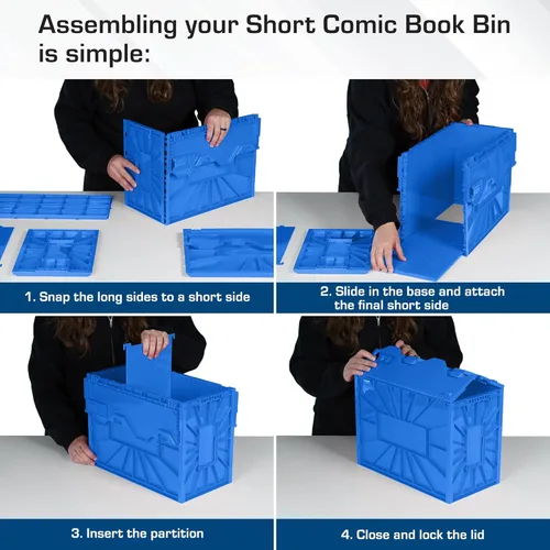 Vista 4 de BCW Contenedor corto para cómics, capacidad para 150 cómics, almacenamiento de plástico apilable, organizador sin ácidos, azul, paquete de 2