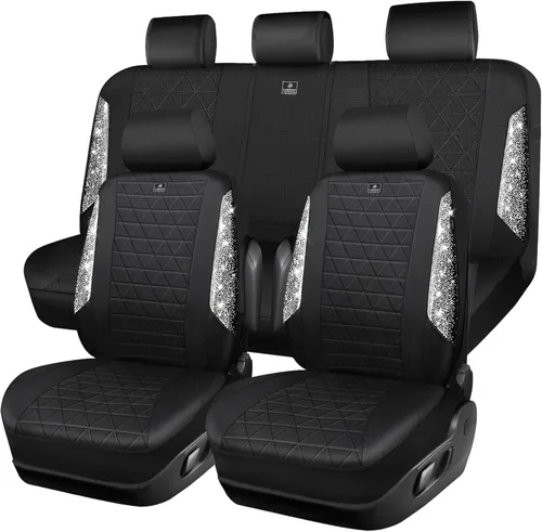 Vista 34 de CAR PASS Todos los juegos completos de fundas de asiento de automóvil de cuero con diamantes brillantes, impermeables, brillantes, ajuste universal