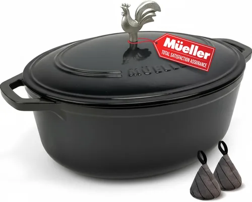 Vista 18 de MUELLER HOME Horno Holandés de Hierro Fundido Esmaltado de 4.5 QT, Cacerola de Servicio Pesado y Sartén Braseadora con Tapa y Perilla de Acero