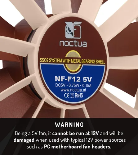 Vista 3 de Noctua NF-F12 5V, ventilador silencioso premium con cable adaptador de corriente USB, 3 pines, versión de 5 V (4.724 in, marrón)