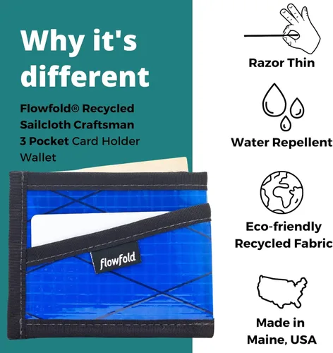 Vista 4 de Flowfold Billeteras de tela de vela reciclada, cartera con 3 bolsillos para tarjetas, billetera con bolsillo frontal, cartera delgada para tarjetas