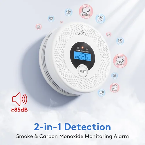 Vista 3 de Paquete de 3 detectores de humo Wi-Fi detector de monóxido de carbono combinado con notificaciones de aplicación, botón de prueba/silencio, detector