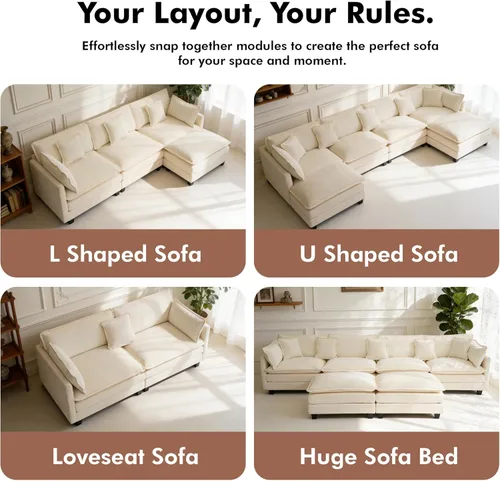 Vista 6 de Sofá seccional, cómodo sofá modular de nube, sofá modular de asiento profundo, sofá moderno en la nube, sofás modulares para sala de estar, Beige