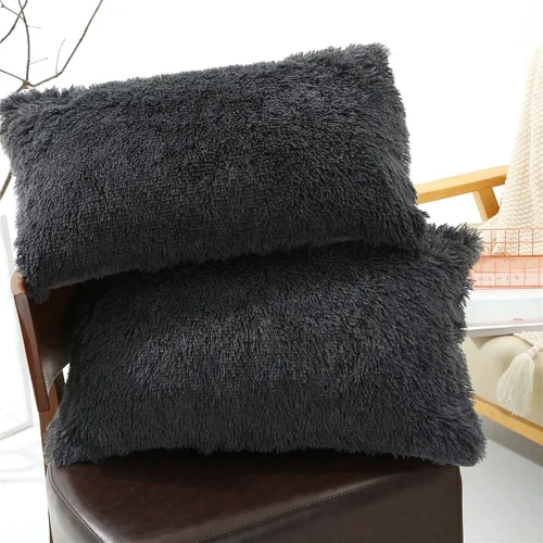 Juego de 2 fundas de almohada de felpa sólida estándar/Queen, súper suaves y esponjosas de piel sintética lanuda fundas de almohada decorativas con