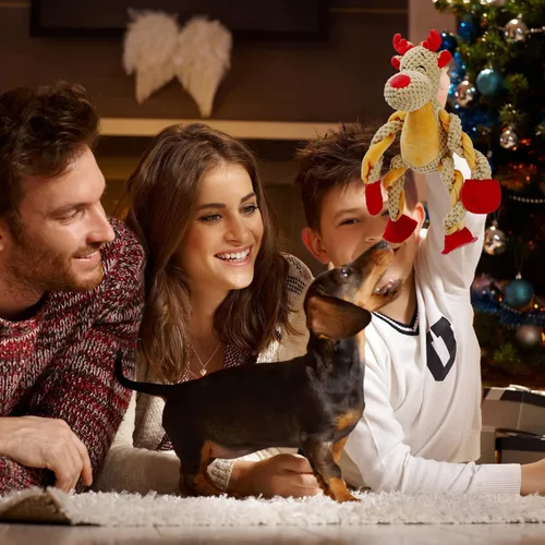 Vista 6 de Senneny Juguetes Navideños para Perros, Peluche de Reno Chirriante con Cuerdas para Tirar de la Cuerda, Juguetes de Masticar Interactivos Duraderos