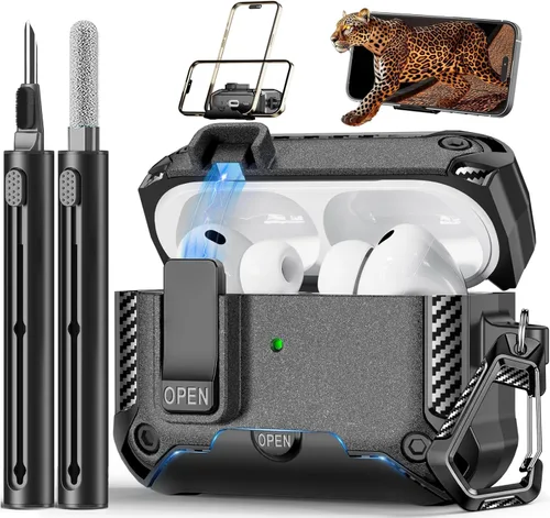 Vista 11 de Funda para AirPods Pro de 2ª Generación con Soporte para Teléfono, Protección Completa contra Caídas con Diseño de Interruptor Automático a Presión