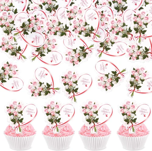 40 piezas comestibles para cupcakes para el día de la madre, diseño floral de corazón para cumpleaños, fiesta de mujer, celebración del día de la