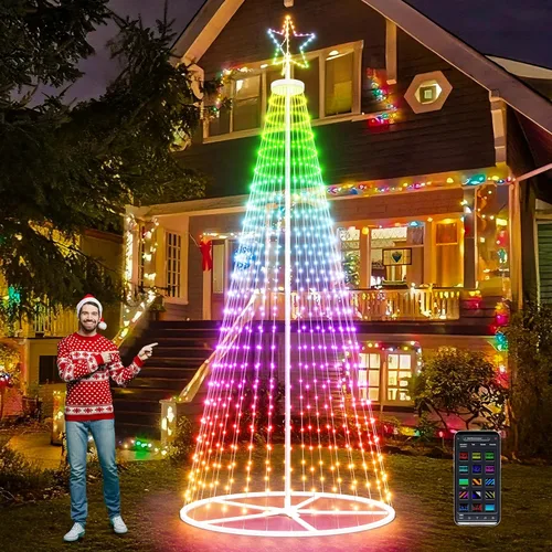 Vista 11 de Árbol de Navidad de Cono Inteligente de 5 pies + 6 pies + 7.5 pies, Luces Preiluminadas Multicolor para Exterior, Sincronización de Música, Control